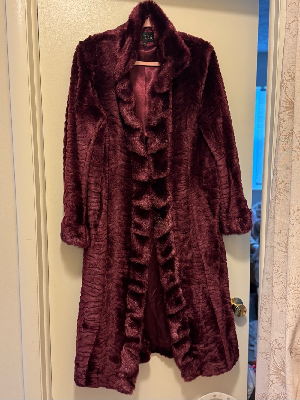 Fabulous Furs Wine Faux Fur Long Robe Coat